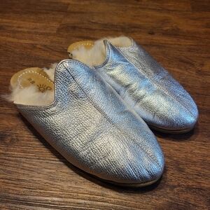 Sabah Silver Leather Shearling-Lined Mules